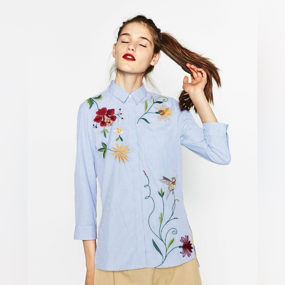 Zara Tops - ZARA Woman Blue Striped Embroidered Shirt XS | Floral Bird Button Down Tunic Top